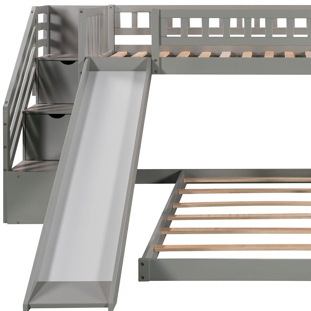 Gray Twin Over Twin Solid Wood Bunk Bed With Stairs And Slide And Drawers And Storage