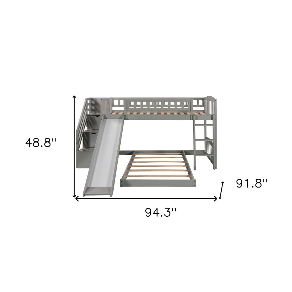 Gray Twin Over Twin Solid Wood Bunk Bed With Stairs And Slide And Drawers And Storage