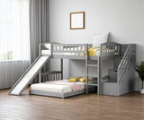 Gray Twin Over Twin Solid Wood Bunk Bed With Stairs And Slide And Drawers And Storage