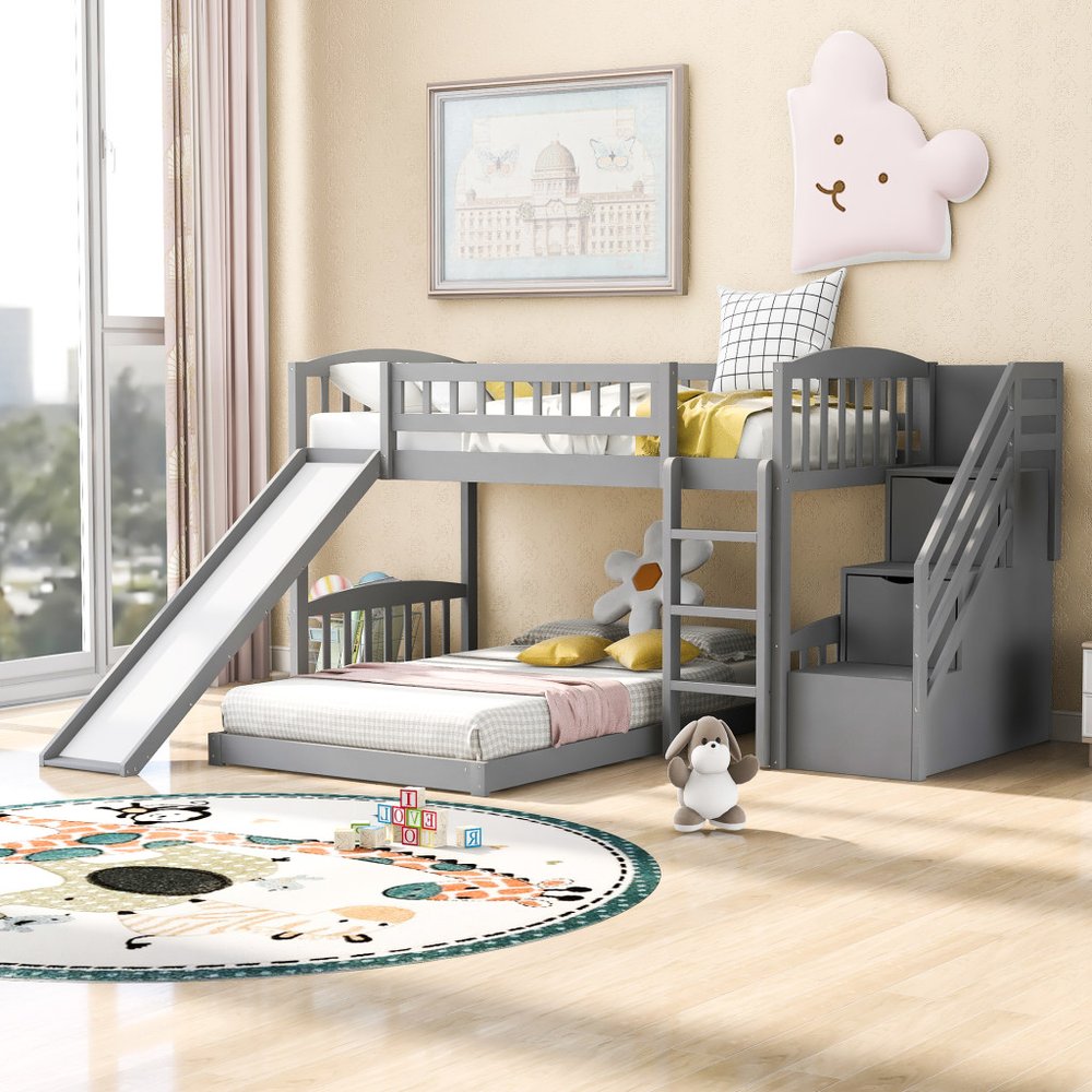 Gray Twin Over Twin Solid Wood Bunk Bed With Stairs And Slide And Drawers And Storage