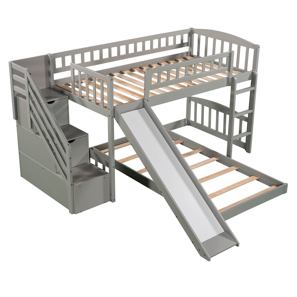 Gray Twin Over Twin Solid Wood Bunk Bed With Stairs And Slide And Drawers And Storage