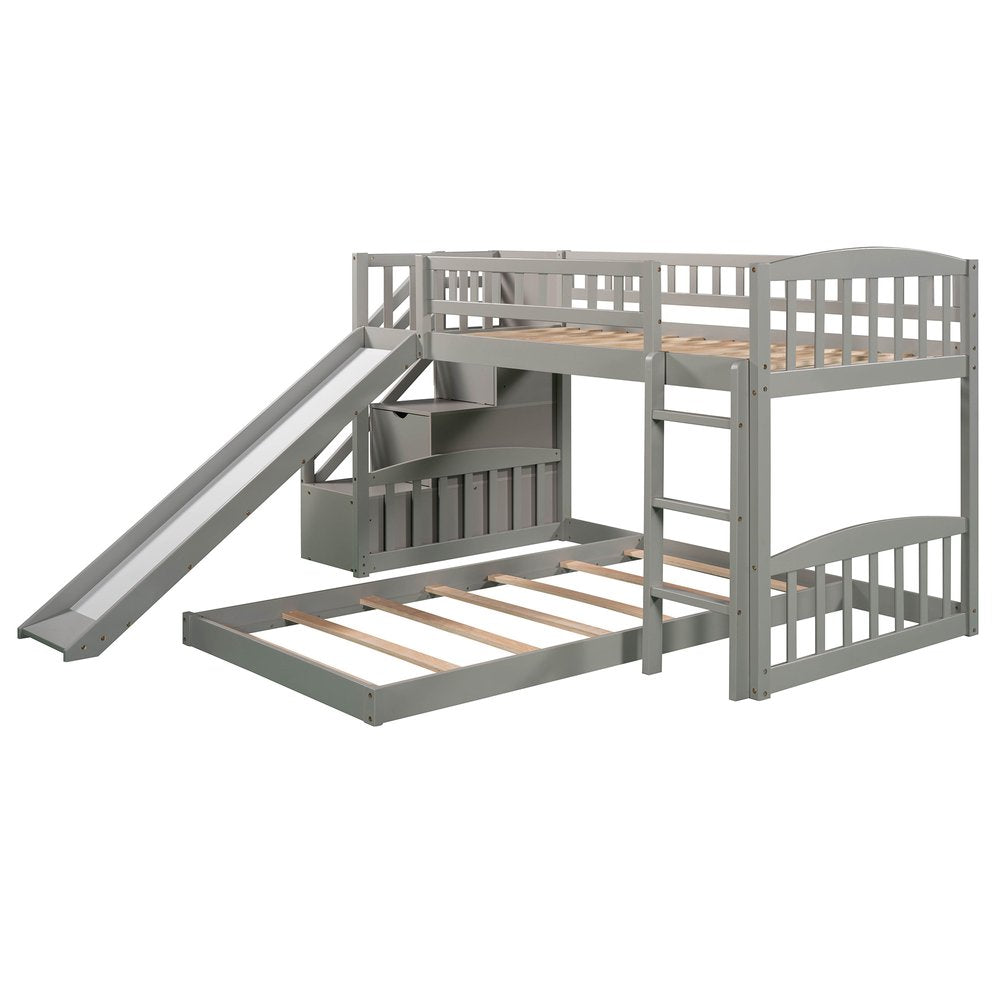 Gray Twin Over Twin Solid Wood Bunk Bed With Stairs And Slide And Drawers And Storage