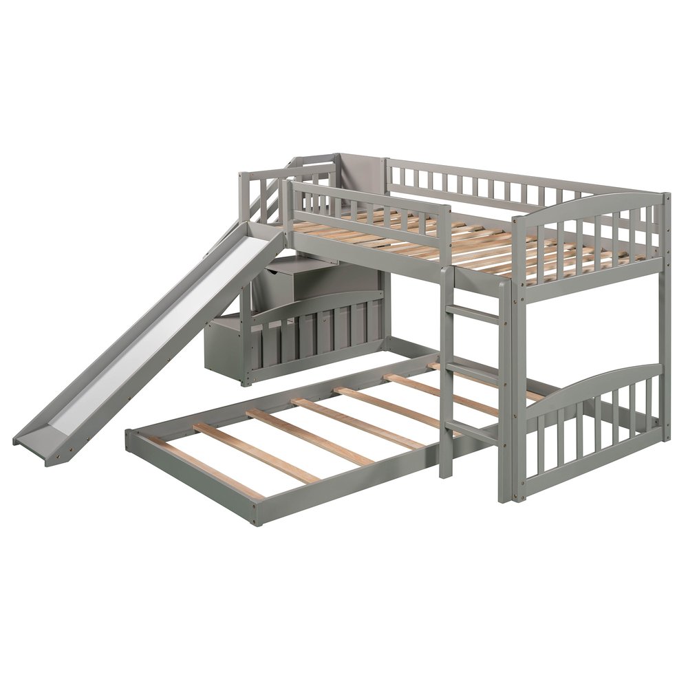 Gray Twin Over Twin Solid Wood Bunk Bed With Stairs And Slide And Drawers And Storage