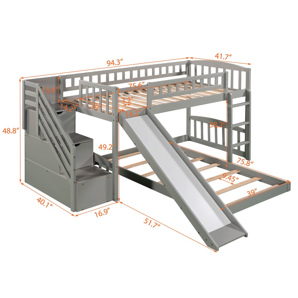 Gray Twin Over Twin Solid Wood Bunk Bed With Stairs And Slide And Drawers And Storage