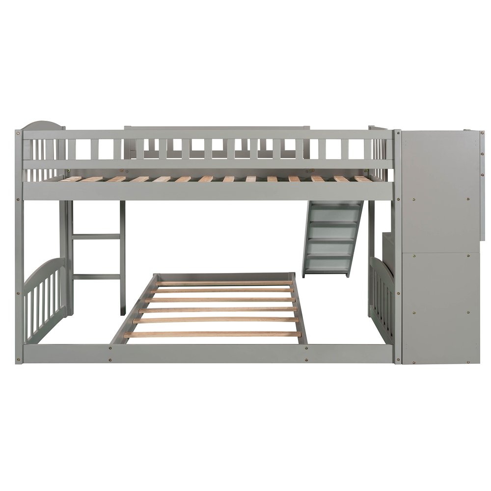 Gray Twin Over Twin Solid Wood Bunk Bed With Stairs And Slide And Drawers And Storage