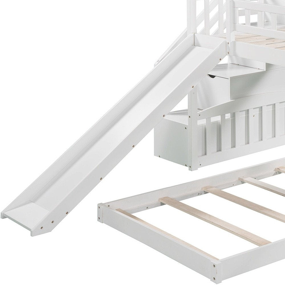 White Twin Over Twin Solid Wood Bunk Bed With Stairs And Slide And Drawers And Storage