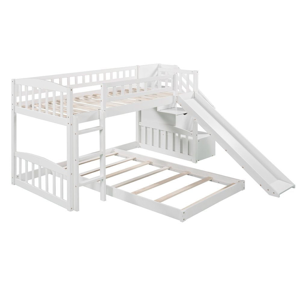 White Twin Over Twin Solid Wood Bunk Bed With Stairs And Slide And Drawers And Storage