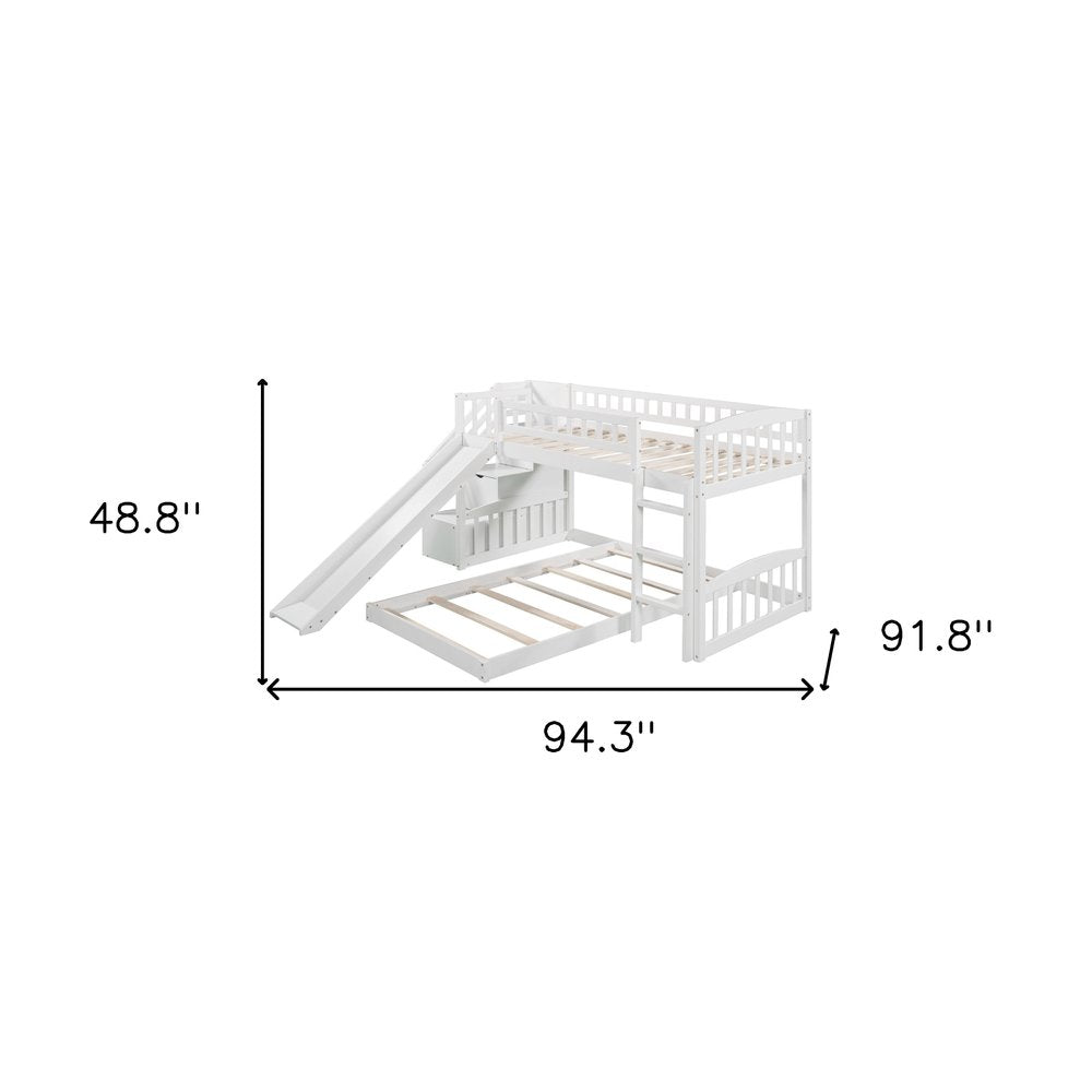 White Twin Over Twin Solid Wood Bunk Bed With Stairs And Slide And Drawers And Storage