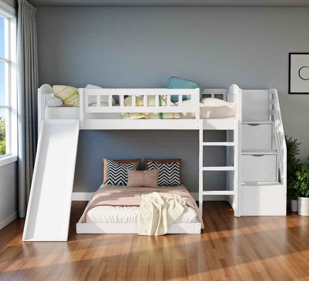 White Twin Over Twin Solid Wood Bunk Bed With Stairs And Slide And Drawers And Storage