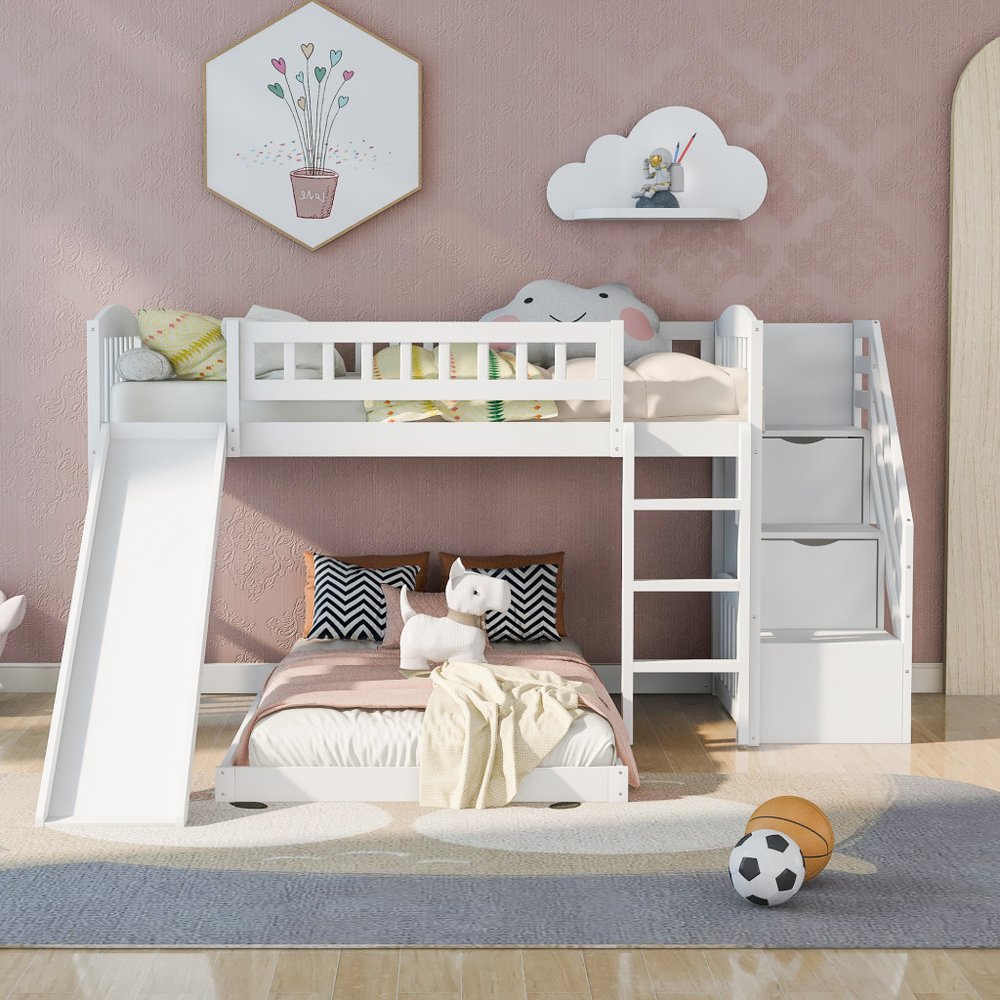 White Twin Over Twin Solid Wood Bunk Bed With Stairs And Slide And Drawers And Storage