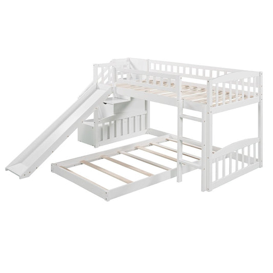 White Twin Over Twin Solid Wood Bunk Bed With Stairs And Slide And Drawers And Storage