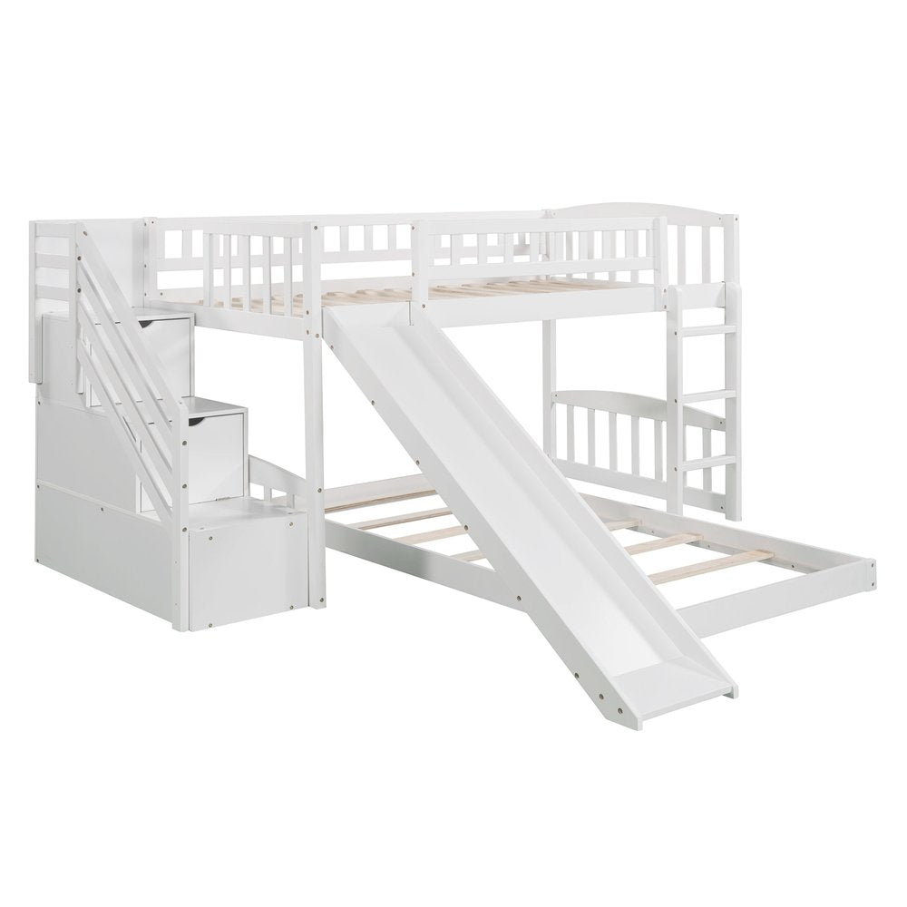 White Twin Over Twin Solid Wood Bunk Bed With Stairs And Slide And Drawers And Storage