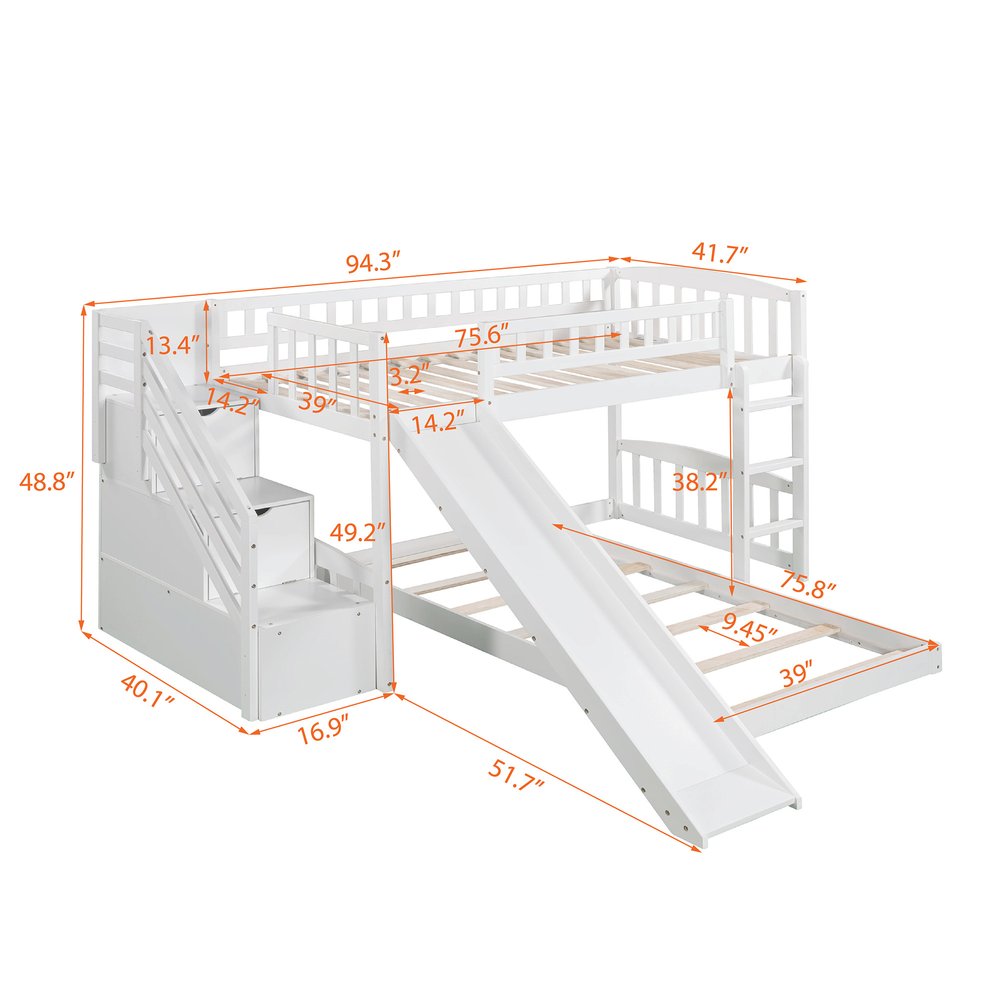White Twin Over Twin Solid Wood Bunk Bed With Stairs And Slide And Drawers And Storage
