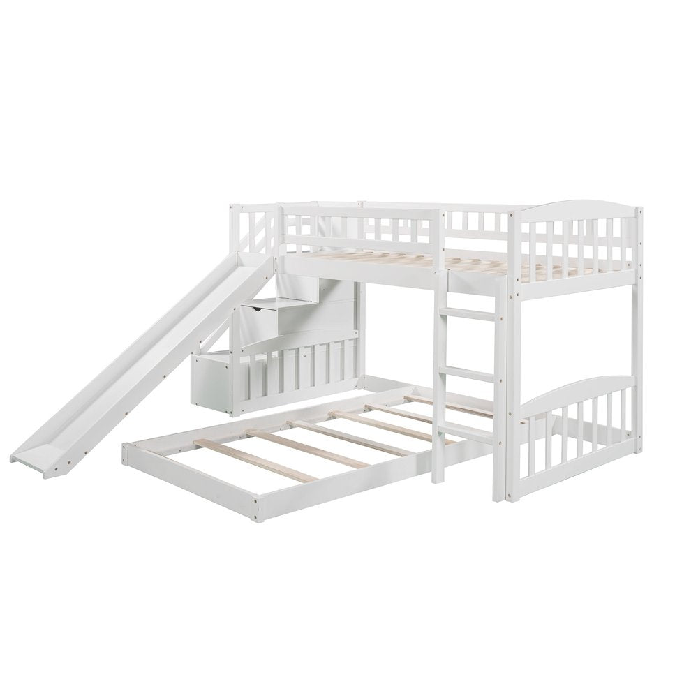White Twin Over Twin Solid Wood Bunk Bed With Stairs And Slide And Drawers And Storage