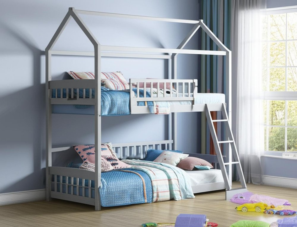 Gray Twin Over Twin Solid Wood Bunk Bed With Slide