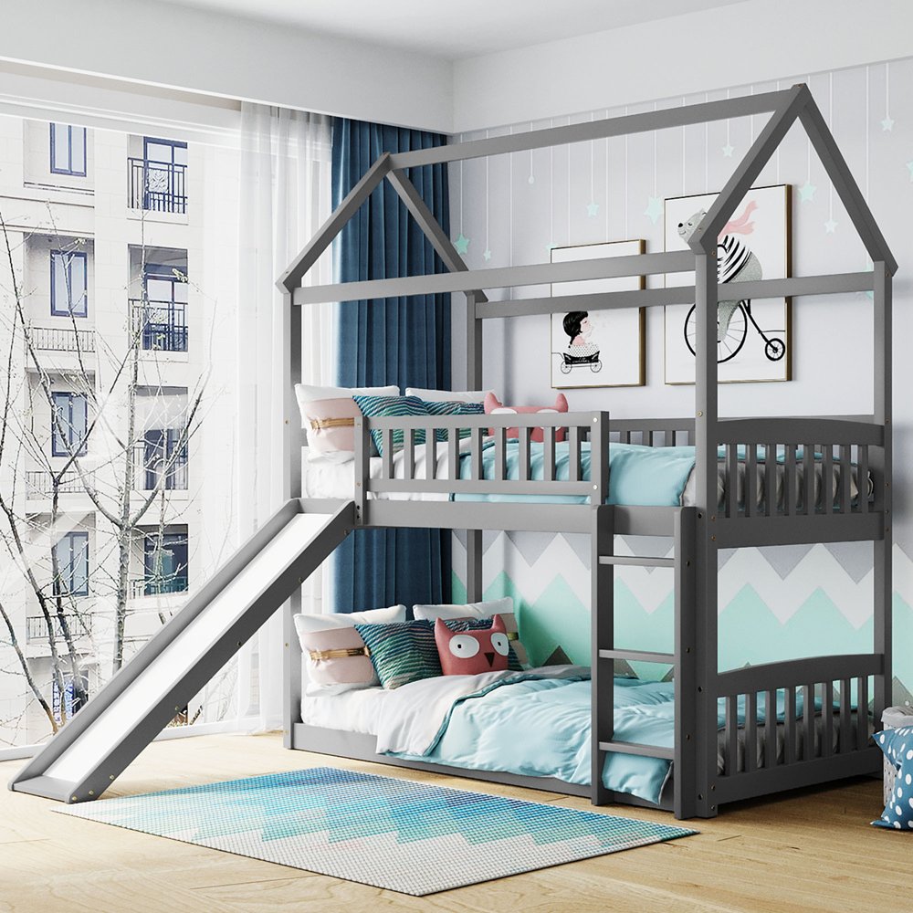 Gray Twin Over Twin Solid Wood Bunk Bed With Slide