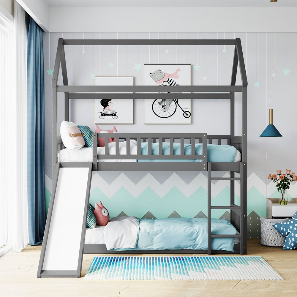 Gray Twin Over Twin Solid Wood Bunk Bed With Slide
