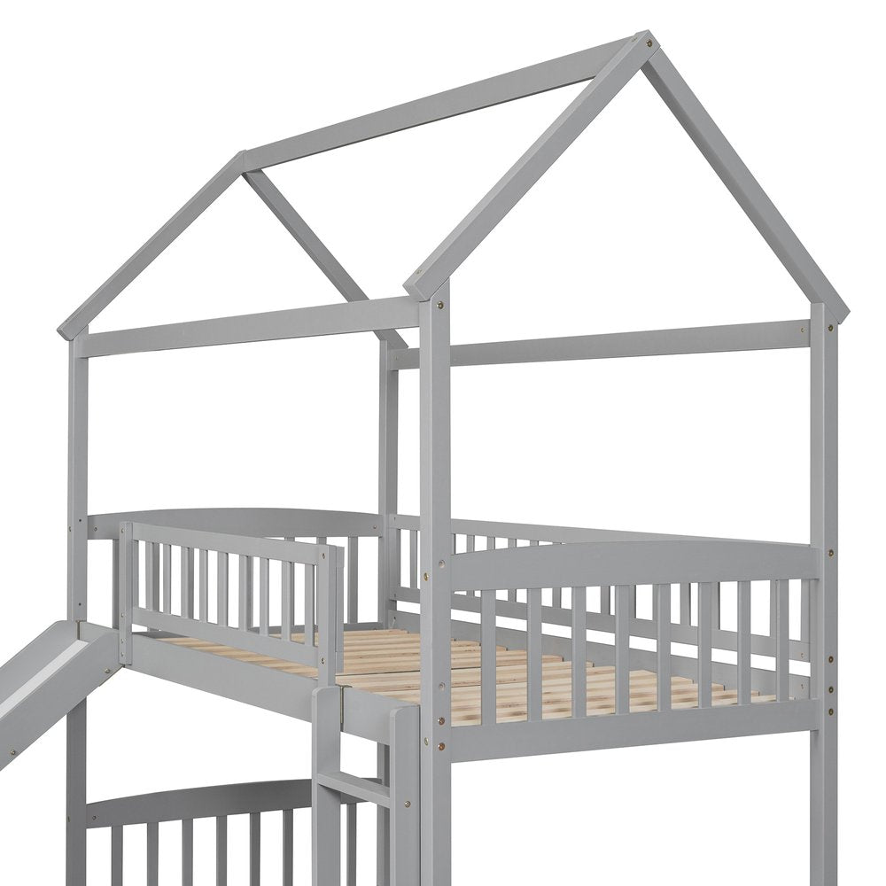 Gray Twin Over Twin Solid Wood Bunk Bed With Slide