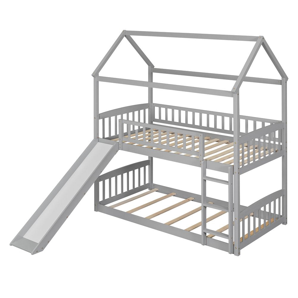 Gray Twin Over Twin Solid Wood Bunk Bed With Slide