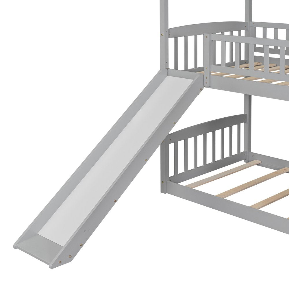 Gray Twin Over Twin Solid Wood Bunk Bed With Slide
