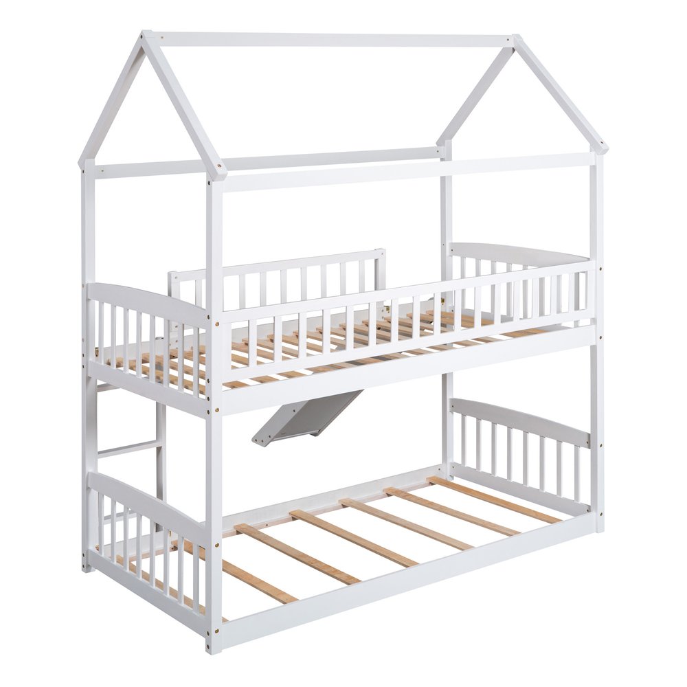 White Twin Over Twin Solid Wood Bunk Bed With Slide
