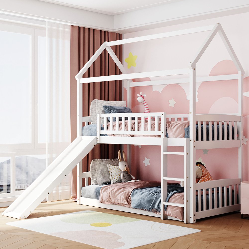White Twin Over Twin Solid Wood Bunk Bed With Slide