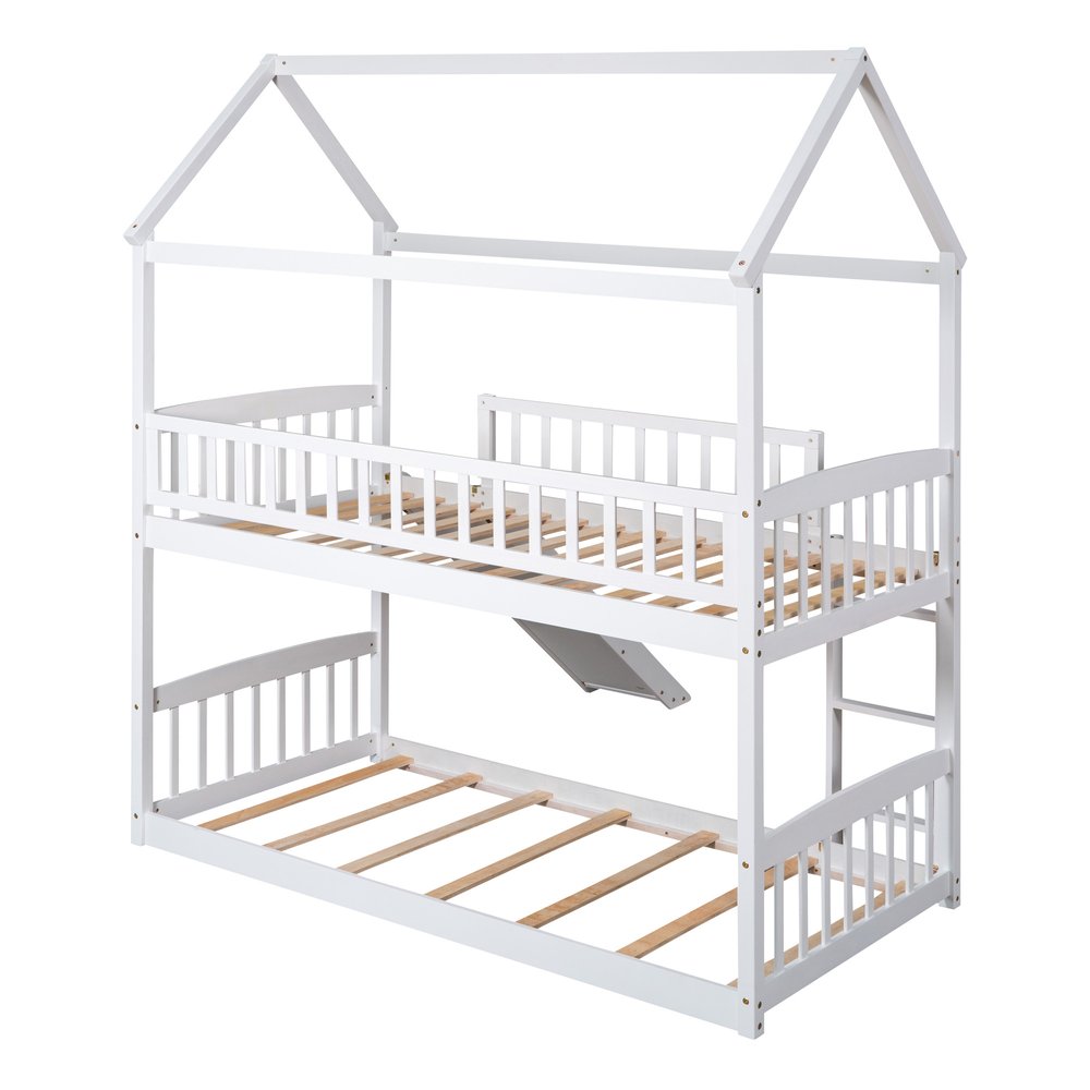 White Twin Over Twin Solid Wood Bunk Bed With Slide