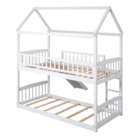 White Twin Over Twin Solid Wood Bunk Bed With Slide
