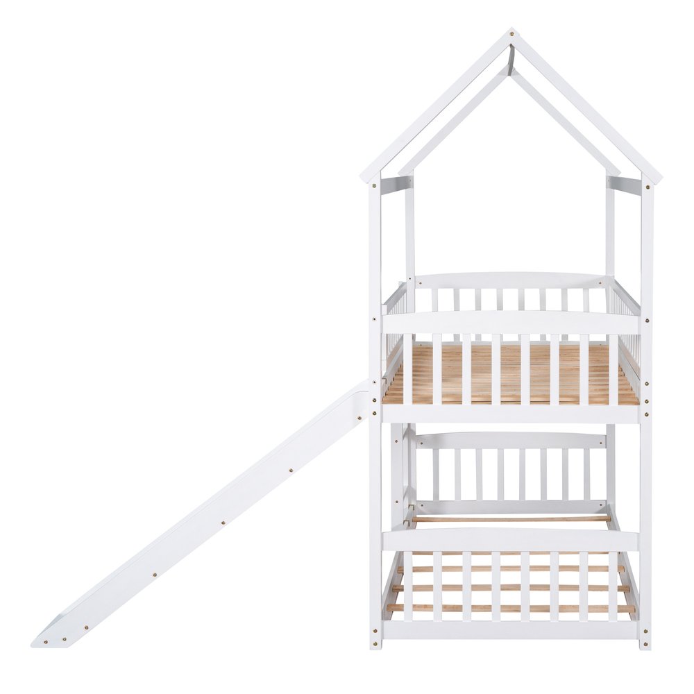 White Twin Over Twin Solid Wood Bunk Bed With Slide