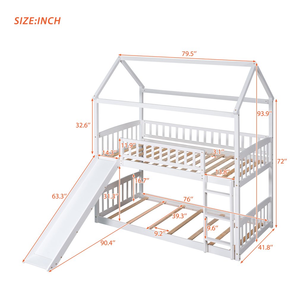 White Twin Over Twin Solid Wood Bunk Bed With Slide