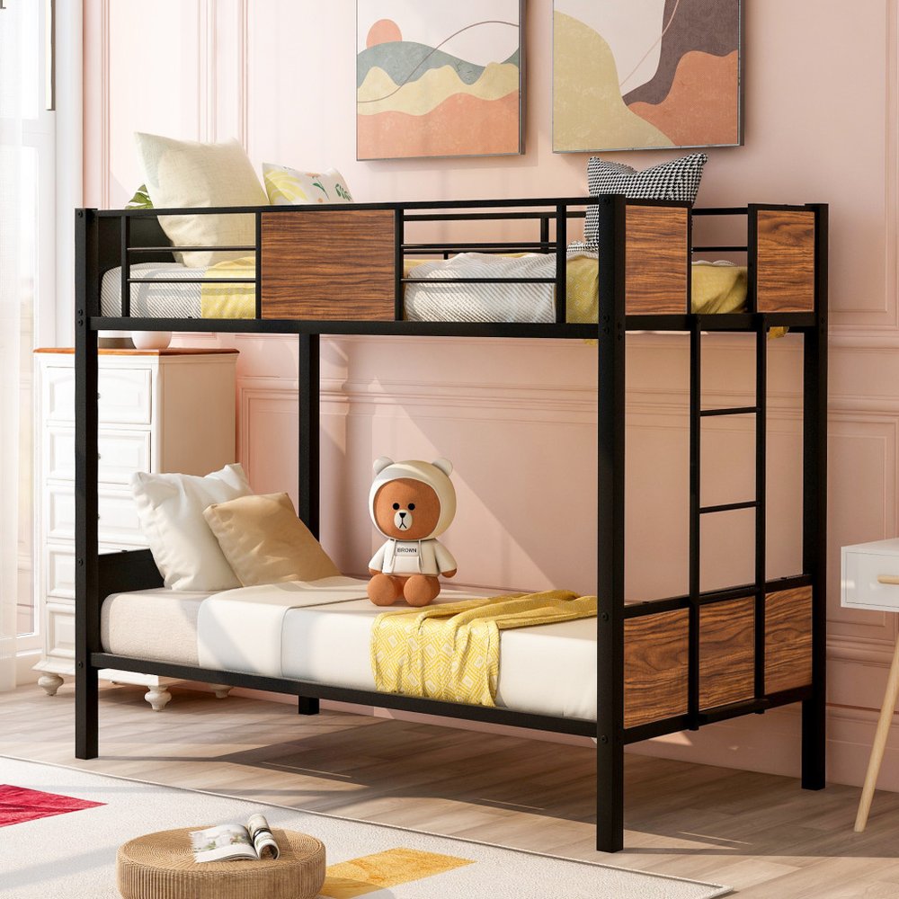 Black And Brown Twin Over Twin Metal Bunk Bed