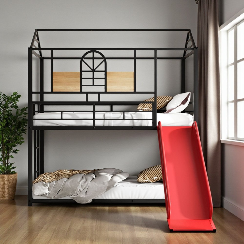 Red Twin Over Twin Metal Bunk Bed With Slide