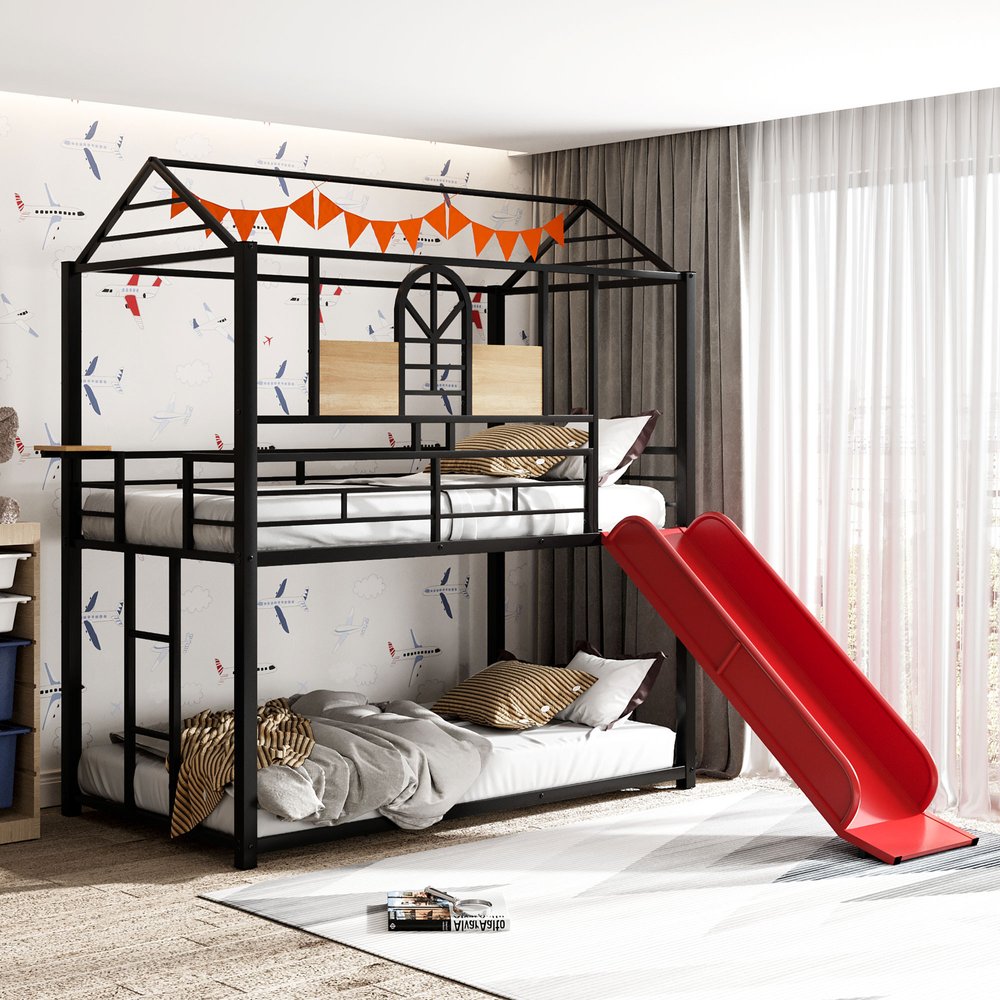 Red Twin Over Twin Metal Bunk Bed With Slide