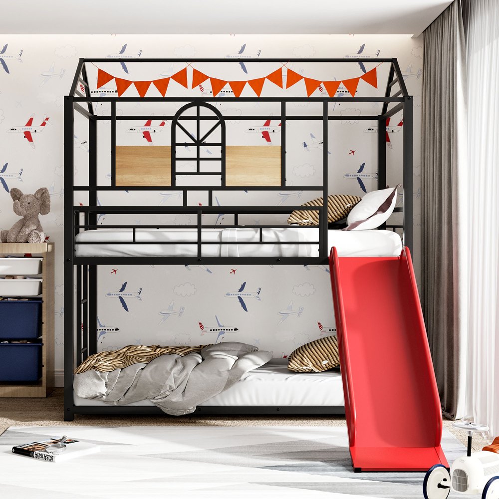 Red Twin Over Twin Metal Bunk Bed With Slide