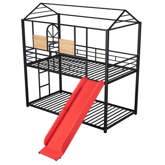 Red Twin Over Twin Metal Bunk Bed With Slide
