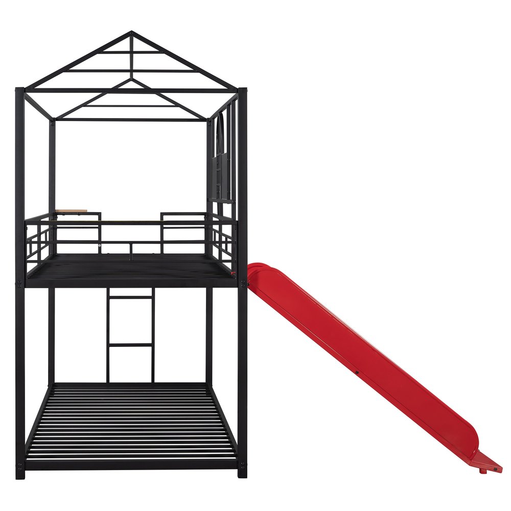 Red Twin Over Twin Metal Bunk Bed With Slide