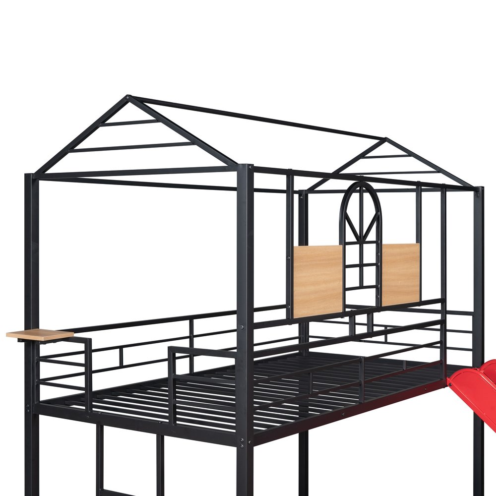 Red Twin Over Twin Metal Bunk Bed With Slide