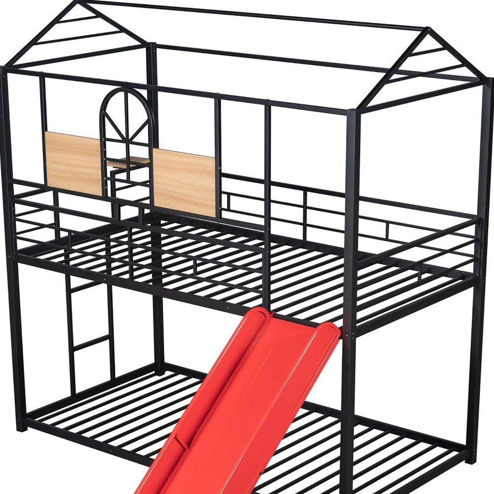 Red Twin Over Twin Metal Bunk Bed With Slide