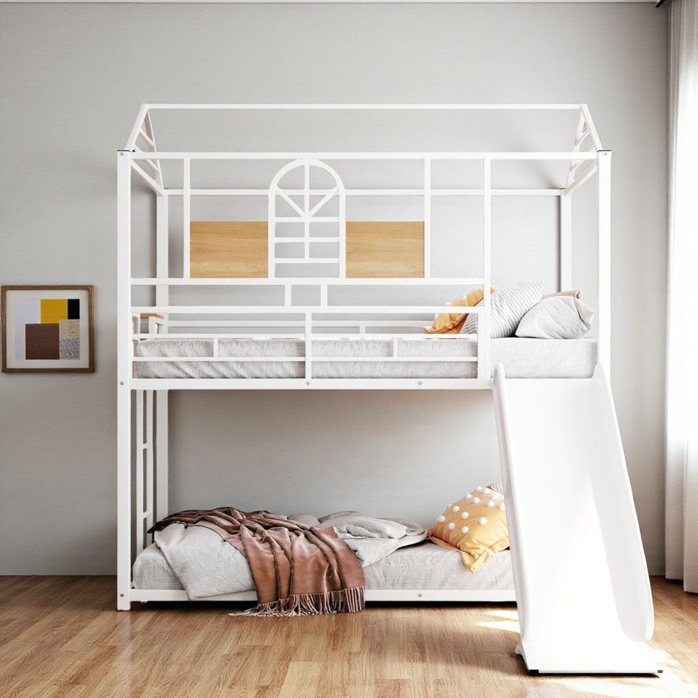 White Twin Over Twin Metal Bunk Bed With Slide