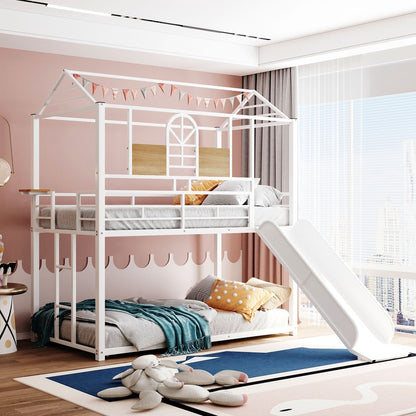 White Twin Over Twin Metal Bunk Bed With Slide