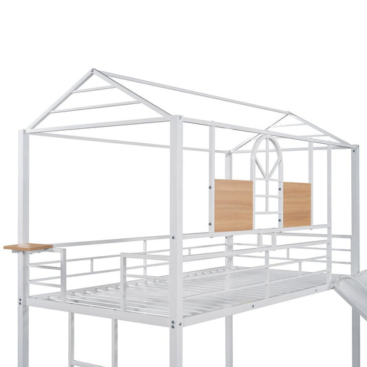 White Twin Over Twin Metal Bunk Bed With Slide