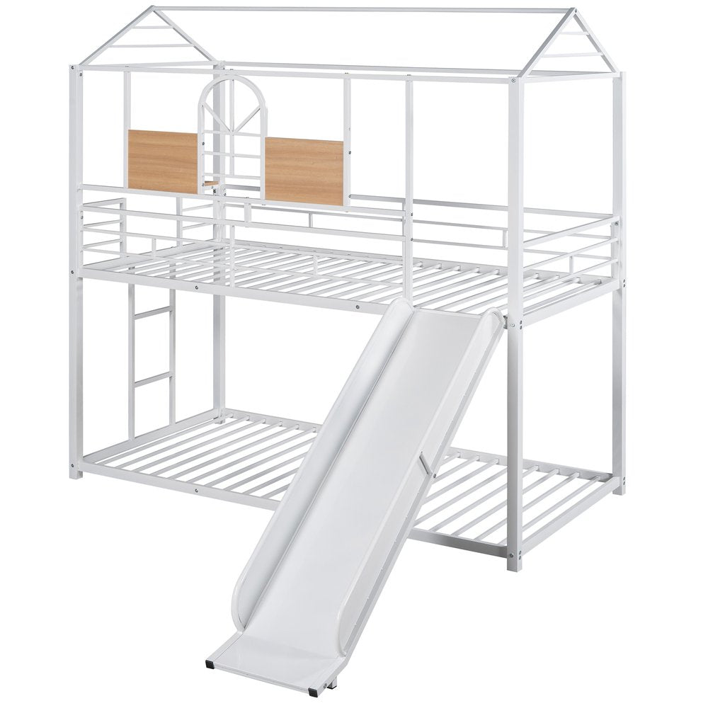 White Twin Over Twin Metal Bunk Bed With Slide