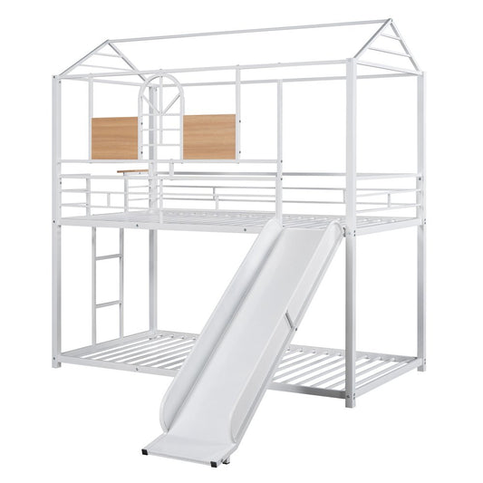 White Twin Over Twin Metal Bunk Bed With Slide