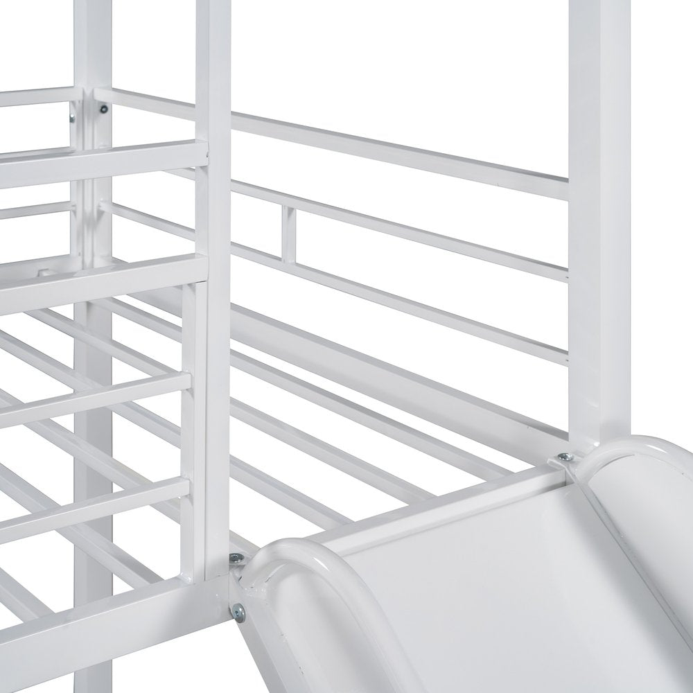 White Twin Over Twin Metal Bunk Bed With Slide