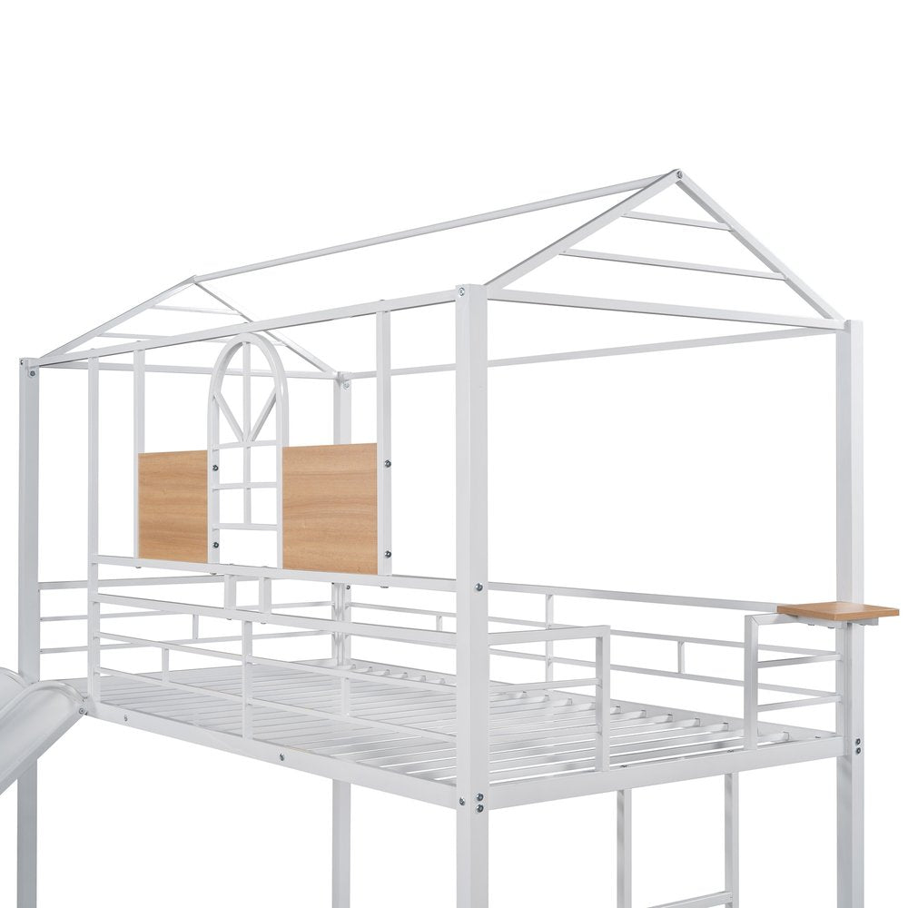 White Twin Over Twin Metal Bunk Bed With Slide