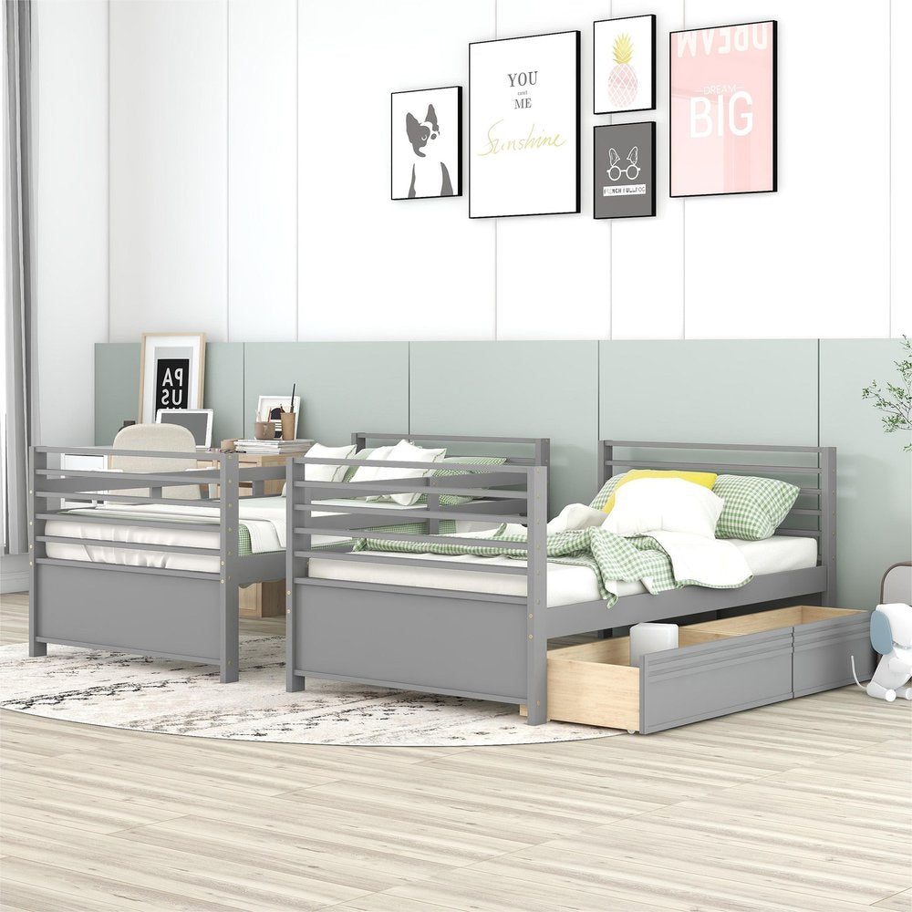 Gray Twin Over Twin Solid Wood Bunk Bed With Drawers And Storage