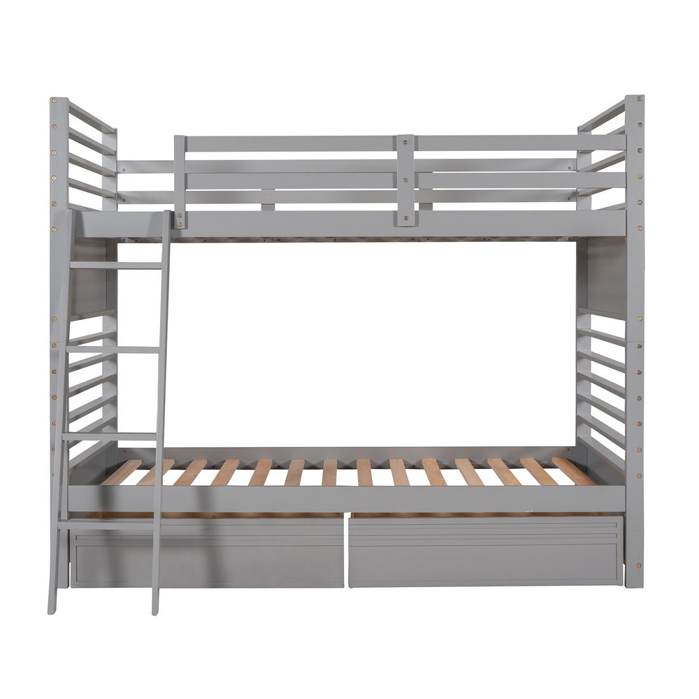 Gray Twin Over Twin Solid Wood Bunk Bed With Drawers And Storage