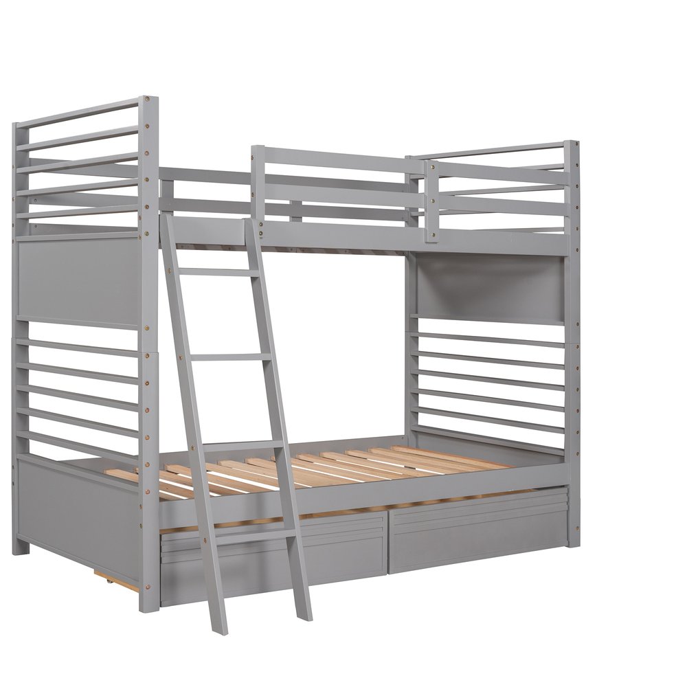 Gray Twin Over Twin Solid Wood Bunk Bed With Drawers And Storage