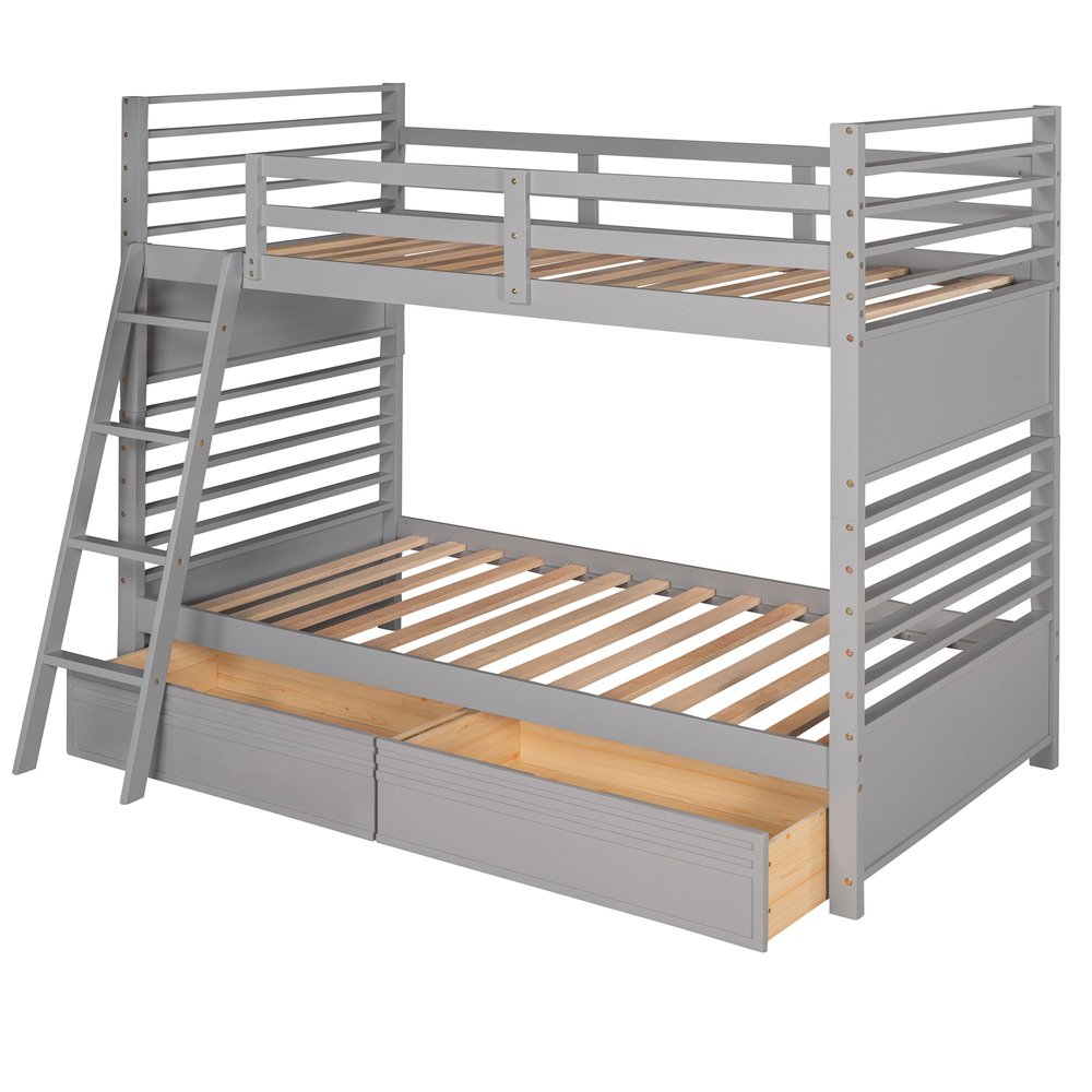 Gray Twin Over Twin Solid Wood Bunk Bed With Drawers And Storage