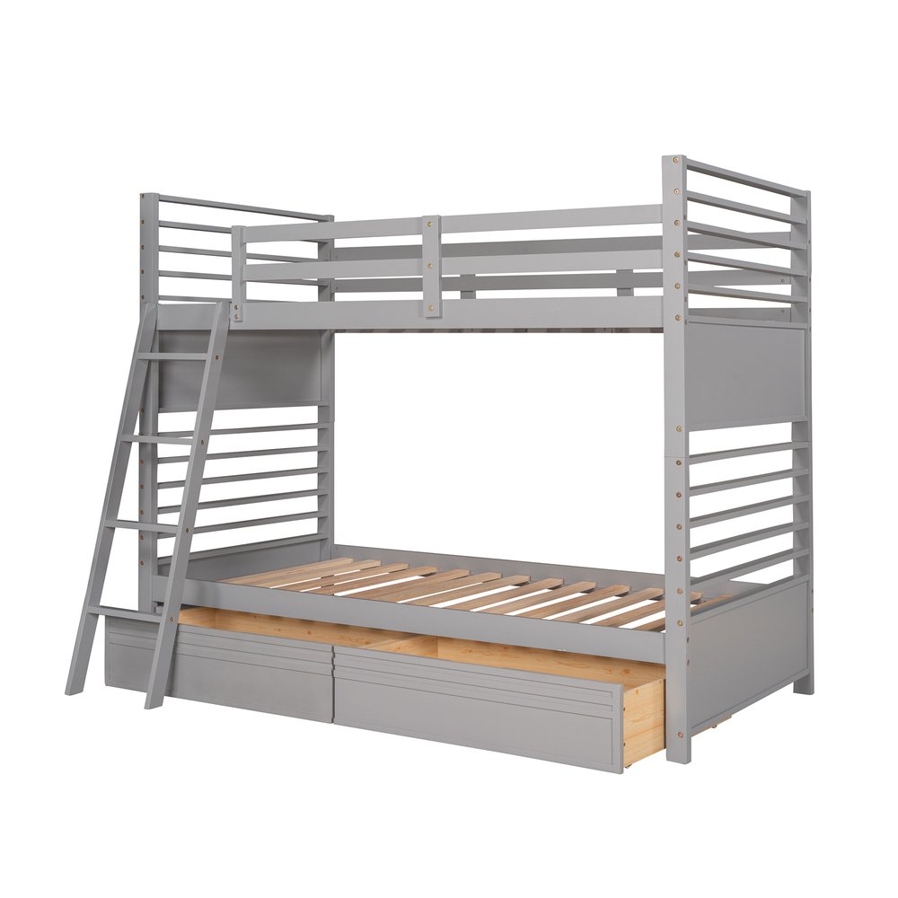 Gray Twin Over Twin Solid Wood Bunk Bed With Drawers And Storage
